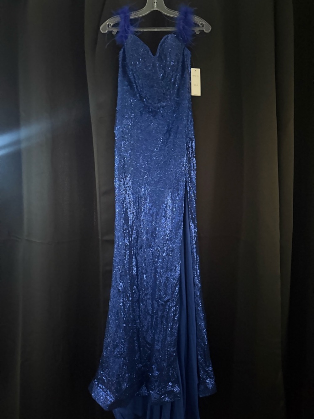 Royal Blue Sequin Evening Gown with Feathered Straps